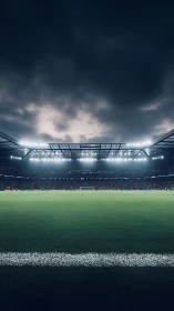 Photorealistic stadium pitch under dramatic floodlit sky.