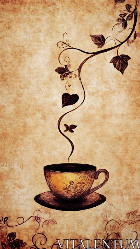 Tea cup illustration with curling vine and leaves motif.