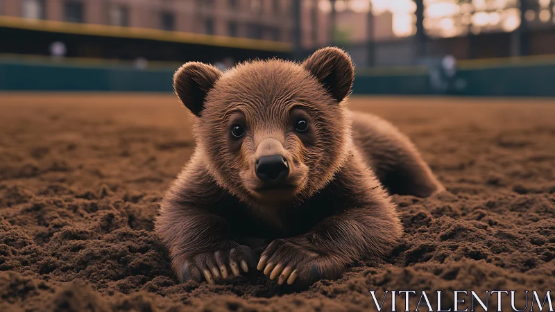 Young brown bear lying on textured infield dirt surface.