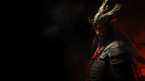 Shadowed warlord in ember-lit samurai battle regalia.