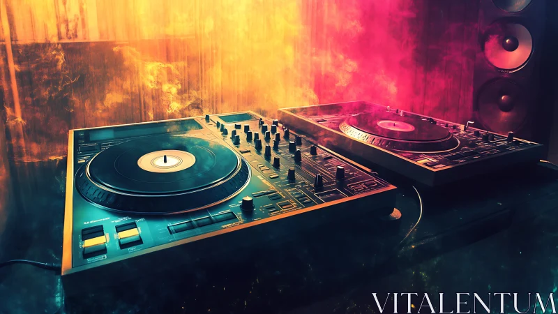 Glowing DJ decks in swirling neon club light haze.