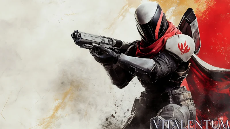 Armored sci fi marksman aims pistol amid crimson smoke.