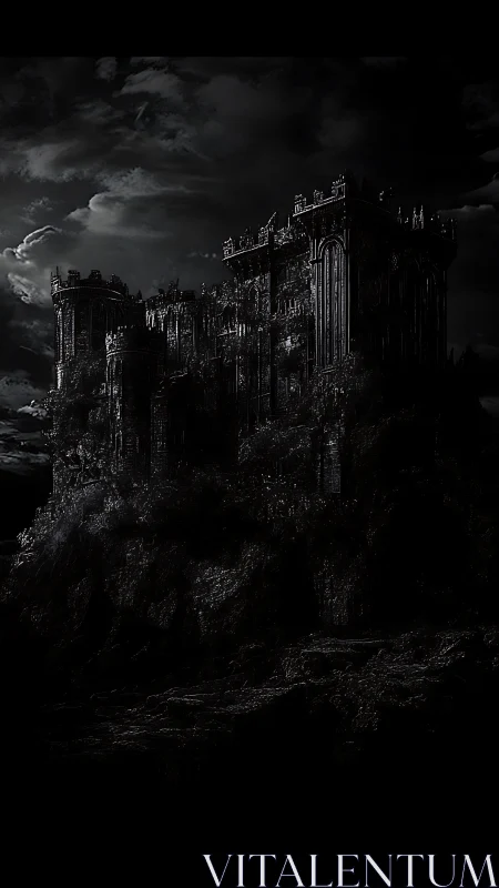 Dark stone fortress stands on a rugged cliff at night