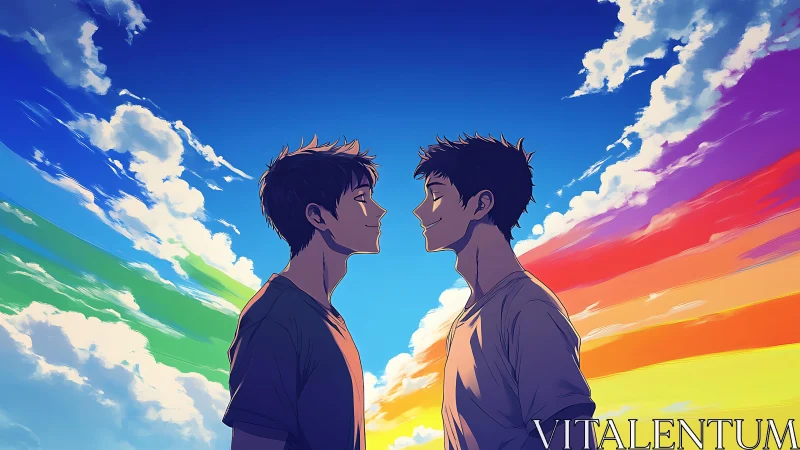 Two young men facing under rainbow sky at sunset.
