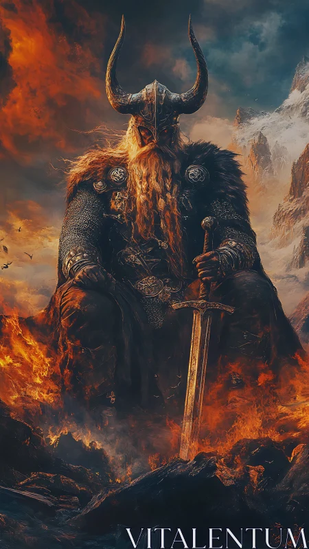Horned armored warrior seated amid fire and rocky cliffs.