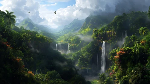Lush mountain valley shows waterfalls, dense jungle and mist