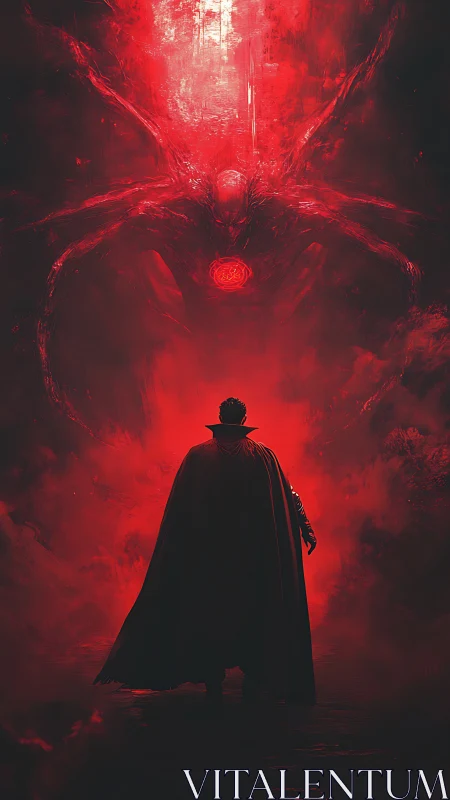 Digital painting of caped sorcerer confronting vast red entity.