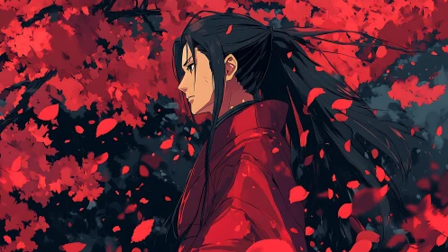 Anime profile portrait amid scarlet foliage in motion design.