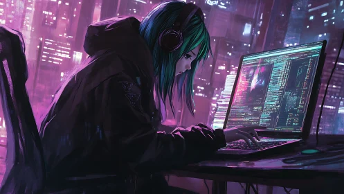 Neon cyberpunk coder focuses on complex terminal screens.