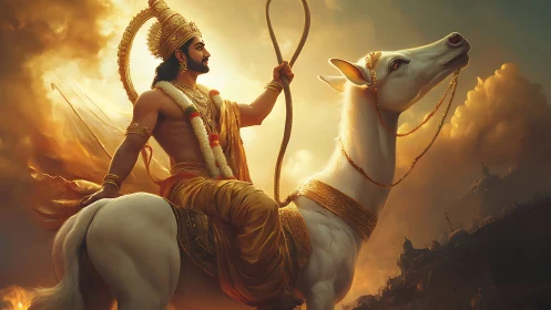 Divine warrior rides white horse through burning sky