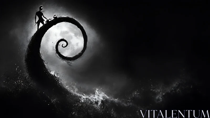 Silhouetted figure on spiral cliff before full moon at night.