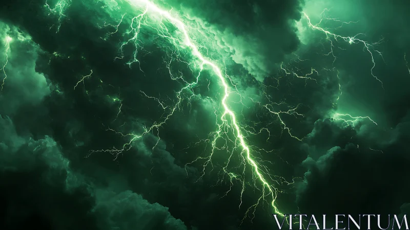Emerald lightning tears through storm clouds in dramatic sky
