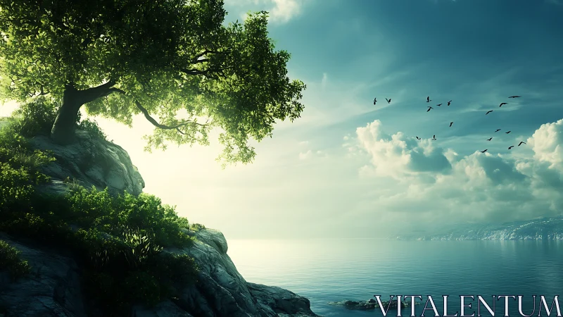 Ancient tree crowns serenity overlooking emerald waters and distant cliffs.