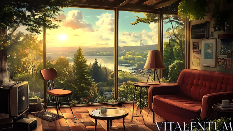 Sunlit lakeside interior blends warm retro decor and vista