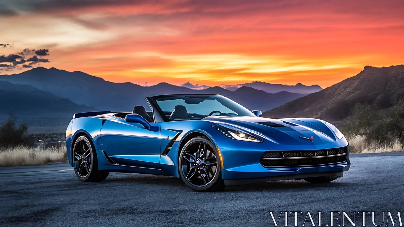 Sunset-blue roadster prowls desert highway in molten sky glow.