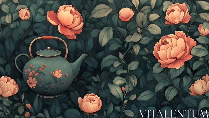 Teal floral teapot rests among lush coral peony blooms