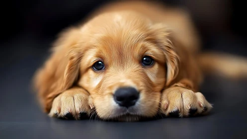 Golden puppy lying down with paws forward on floor.