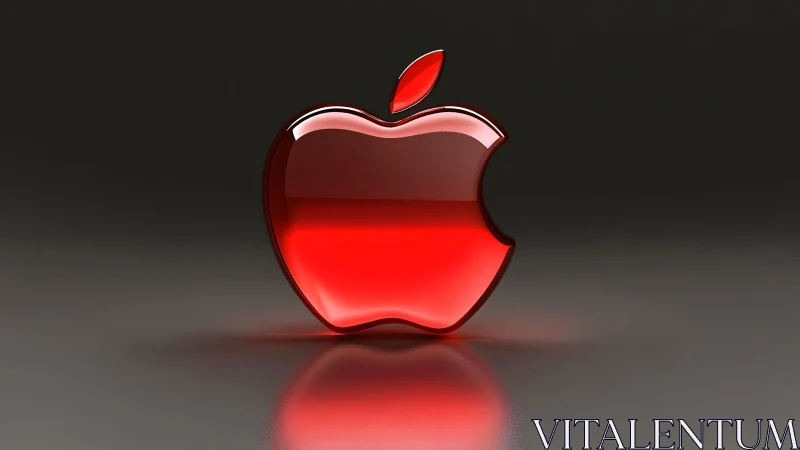 Glossy red apple logo in 3D style on dark gradient background.