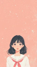 Illustrated girl in sailor uniform on peach speckled background.