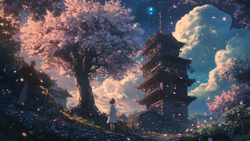 Twilight stroll beneath cherry blossoms and gentle temple sky.