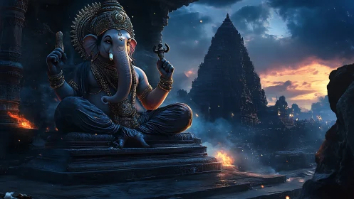 Lord Ganesha statue guards burning temple at dusk