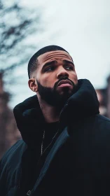 Urban gaze under winter sky in moody teal-toned portrait.