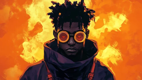 Vivid portrait of goggled figure in blazing orange void.