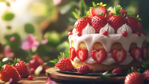Strawberry Cake with Whipped Cream and Fresh Berries on Wooden Base