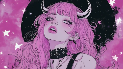 Pink demon girl portrait with crescent horns, choker, star halo