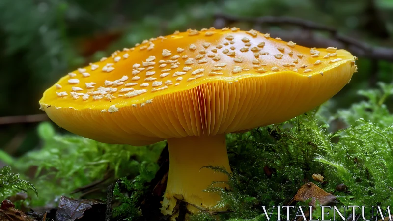 Yellow mushroom close up on mossy forest ground.