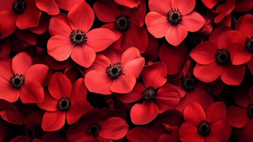 Vibrant Red Anemones with Striking Black Centers Densely Clustered