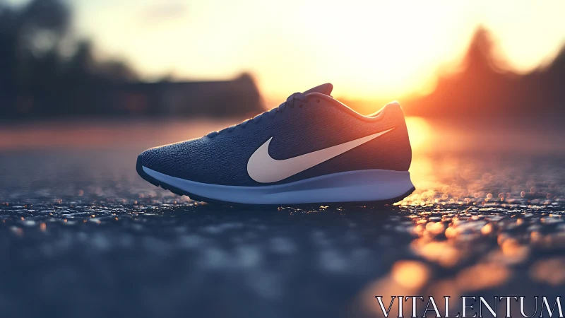 Low-angle profile of blue running shoe in golden backlight