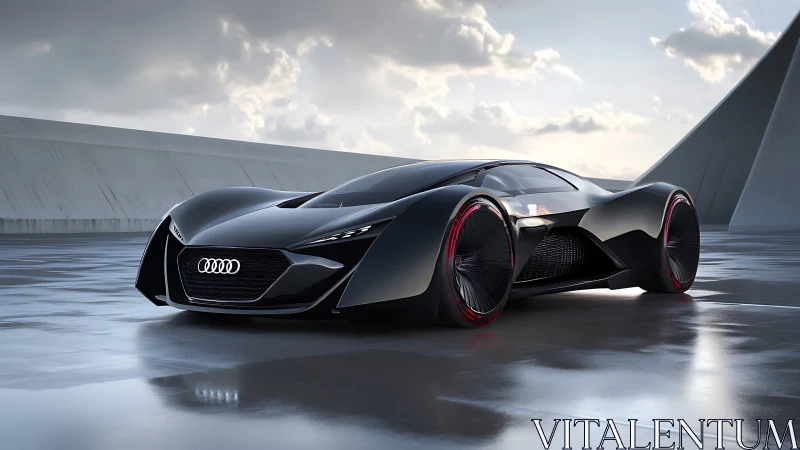 Futuristic black concept supercar on wet reflective runway.