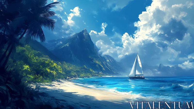 Sunlit sailboat drifting along a peaceful tropical shoreline.