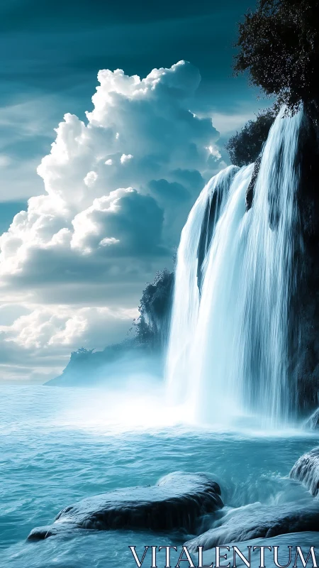 Skyborne cascade kisses a tranquil turquoise ocean’s edge.