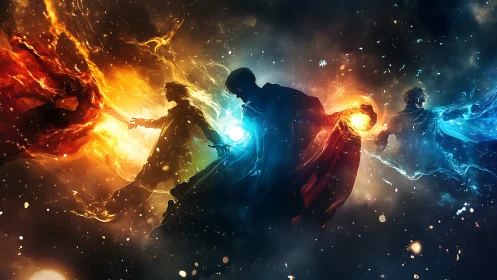 Elemental heroes weaving fire, ice, and light in cosmic dance.