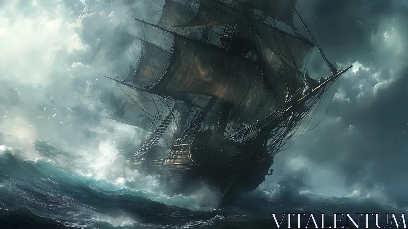 Storm-tossed ghostly galleon sailing through wild sea mists.