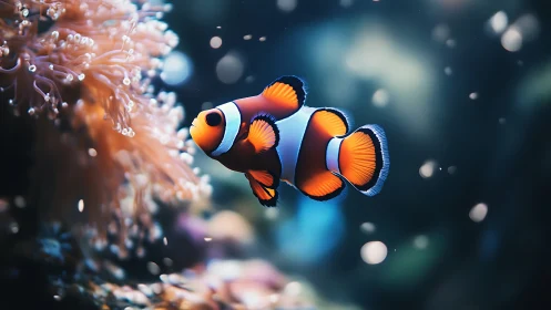 Clownfish drifting through luminous coral reef waters.