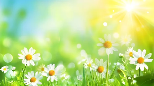 Sunlit daisies dancing softly in a glowing spring meadow.
