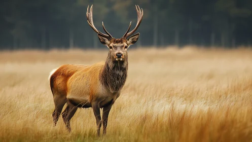 Red deer stag standing alert in tall golden field grass.