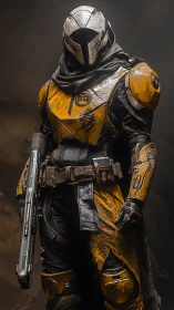 Armored sci fi soldier stands holding rifle in worn yellow suit