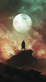 Lone wanderer stands beneath a glowing moonlit sky tonight.
