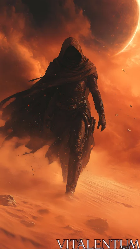 Hooded wanderer crossing burning desert under eclipse.
