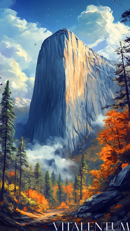 Towering granite monolith above vivid autumn forest valley.