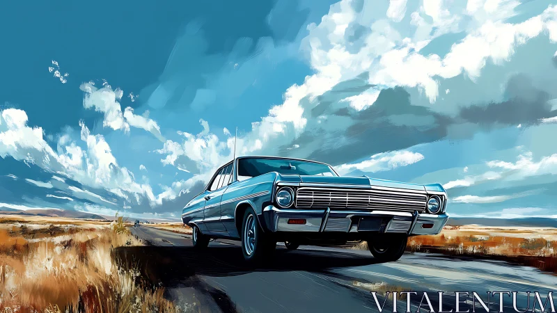 Chrome roadship cruises beneath a canyon of painted clouds