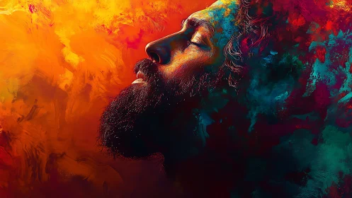 Dreamlike portrait dissolves into fiery abstract nebulae.