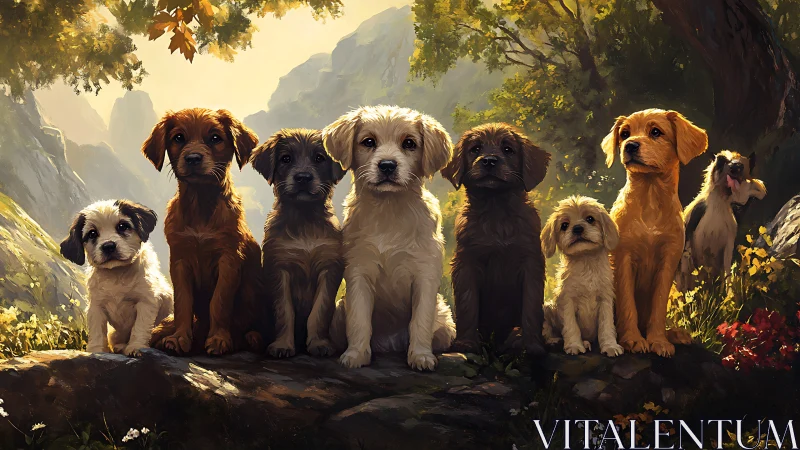 Group of mixed-breed puppies on forest rocks in sunlight.