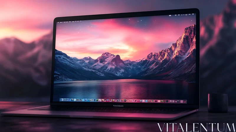 Sleek laptop with vivid sunset mountain wallpaper display.