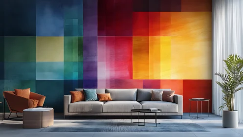 Geometric color-block mural dominates a modern living room wall