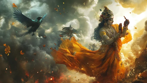Divine goddess in golden storm with crow and swirling petals.